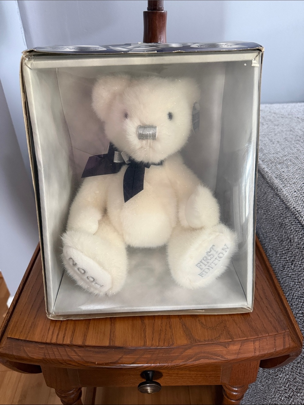 Collectors Plush White Teddy Bear with Navy Bow - 2001 FIRST EDITION